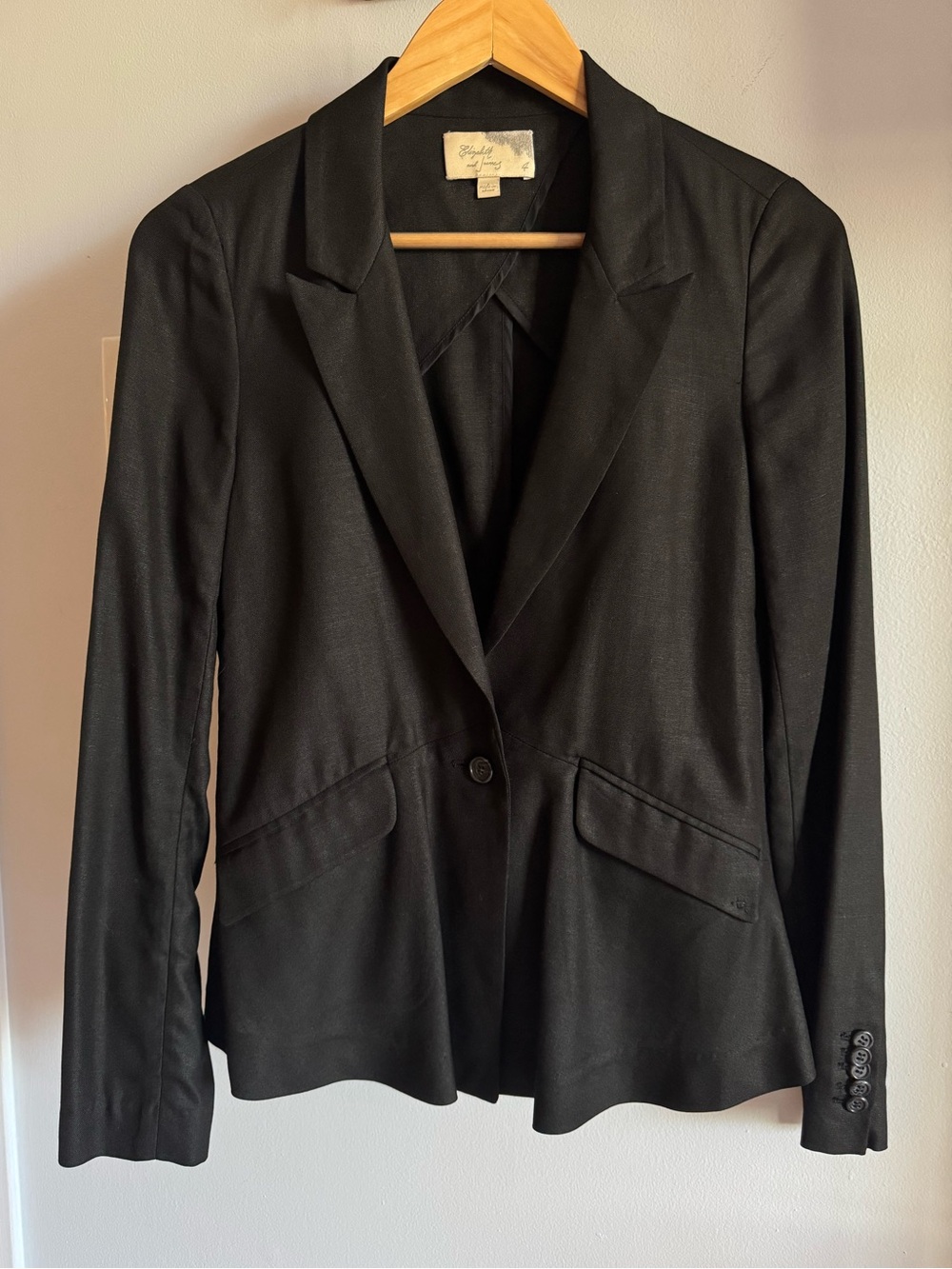 Elizabeth and James Black Linen Blend Single Button Tailored Blazer Jacket Sz 4
